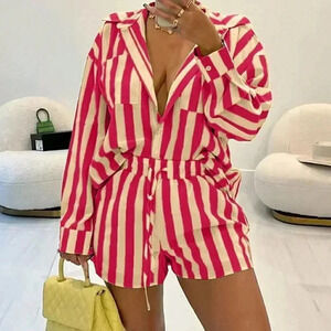 Hot Pink Casual Women's Striped Casual Top & Pants Set